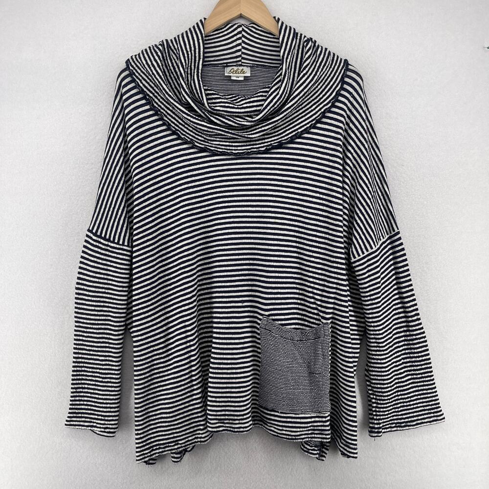 ODILE Sweater S-M Striped Cowl Neck Crinkle Oversized Dolman Sleeve Cotton Blue